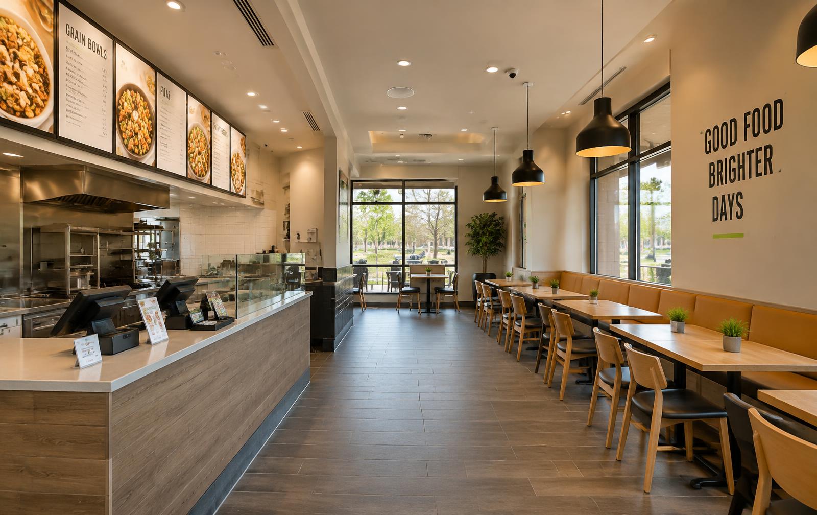 Newly finished restaurant interior with drywall walls, pendant lights and new flooring